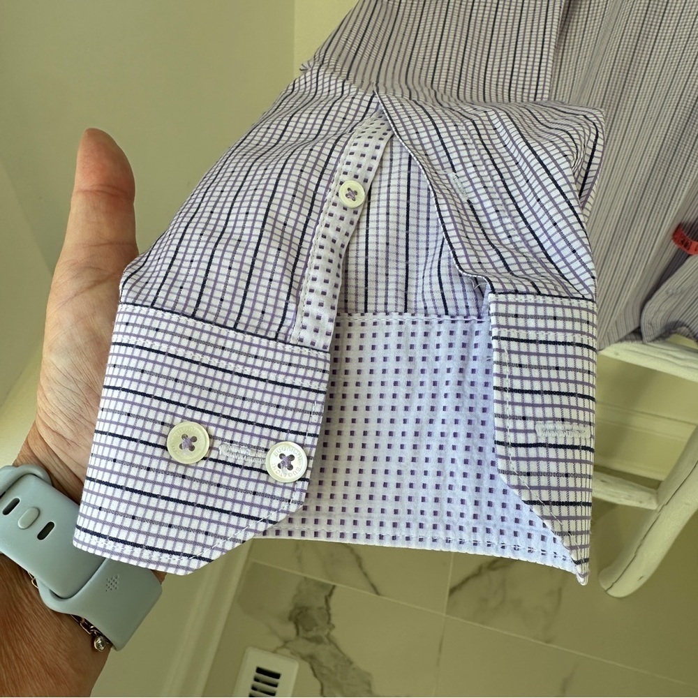 Bugatchi Men’s Purple and White Pinstripe Dress Shirt SZ Large - Picture 5 of 13